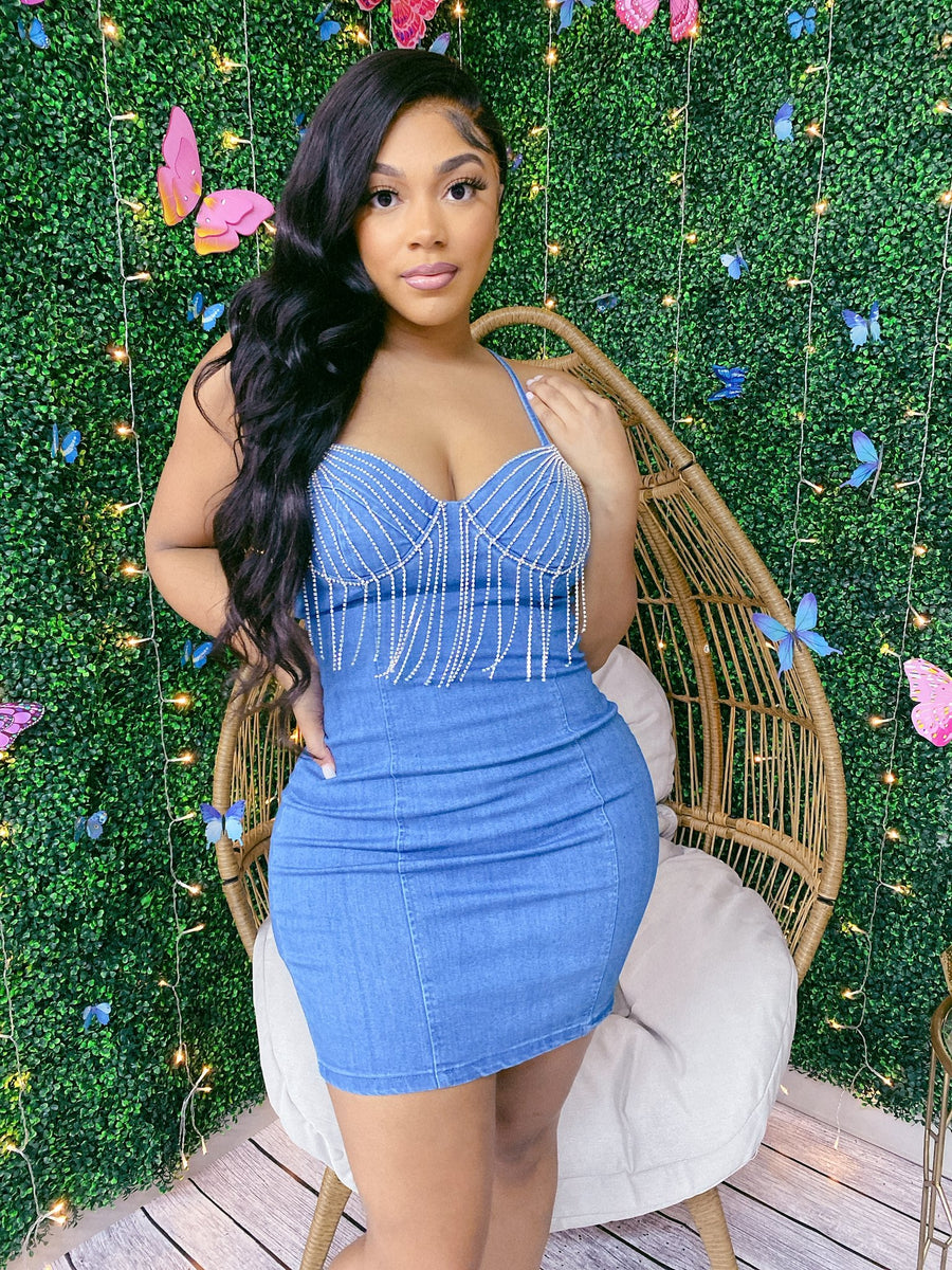 denim dress with rhinestone fringe Denim Rhinestone Fringe Dress – Tiara's Place Boutique